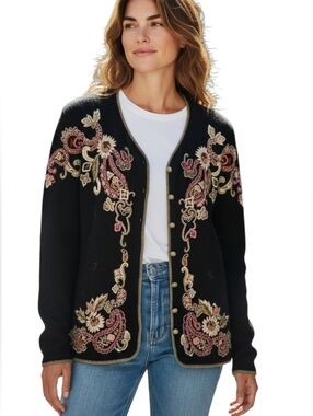 Black cardigan W/ gold &floral embroidery Heirloom Collectibles MED P2P21 L22